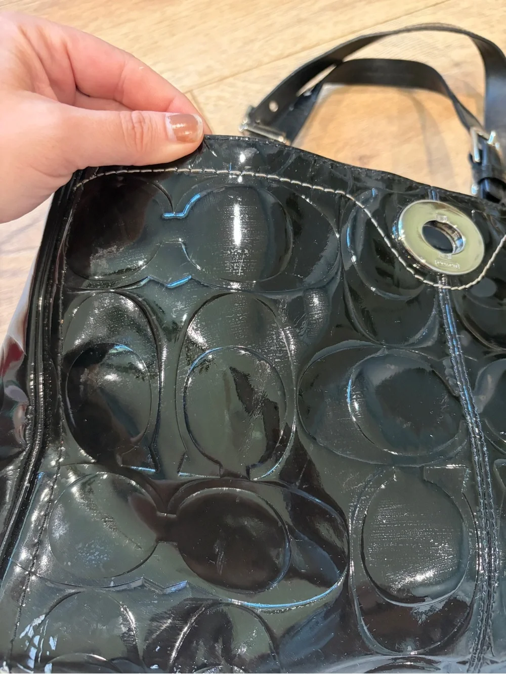 Coach Black Patent Leather Signature Embossed Turnlock Tote Shoulder Bag